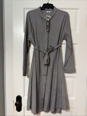 Tulip Perrin Long-Sleeve Shirt Dress with Self-Tie in Noir Check